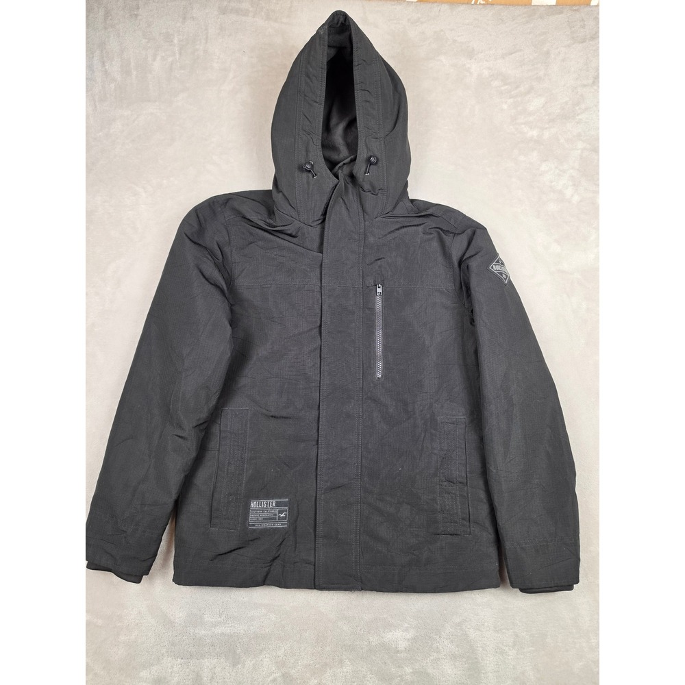 Hollister All-Weather Jacket Mens S Black Hooded Ripstop Parka Coat Fleece Lined